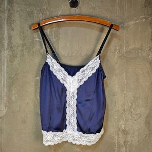 Navy‎ Lace Trim Soft Girl Coquette L Cami Slip Satin Top Romantic y2K Twilight